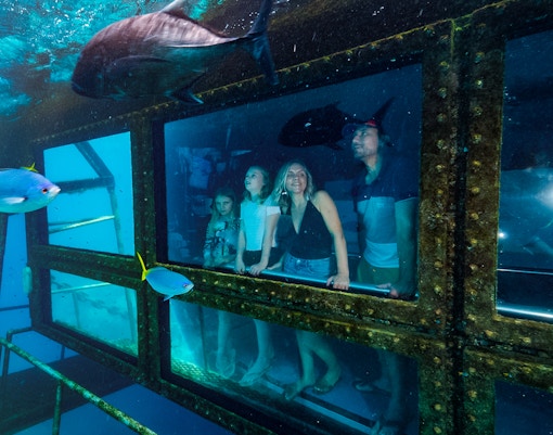 Tourists in a semi-submersible boat viewing marine life at the Great Barrier Reef.