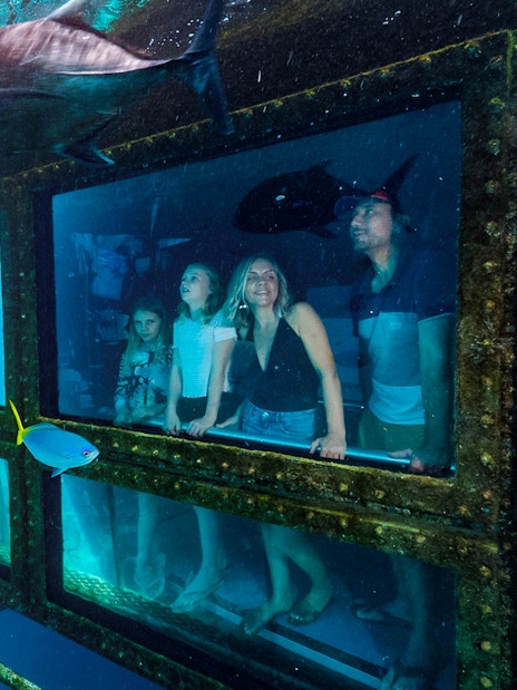 Tourists in a semi-submersible boat viewing marine life at the Great Barrier Reef.