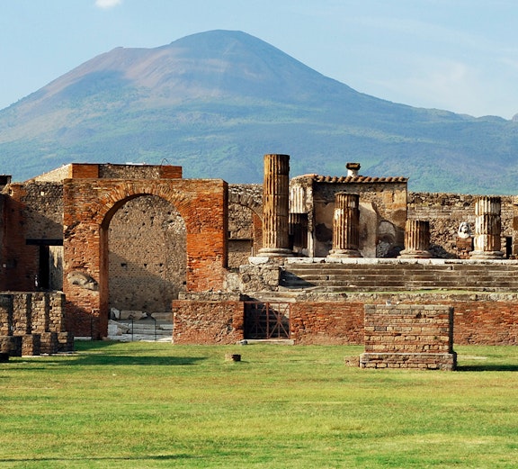 Ancient ruins of Pompeii with Mount Vesuvius in the background, Italy.