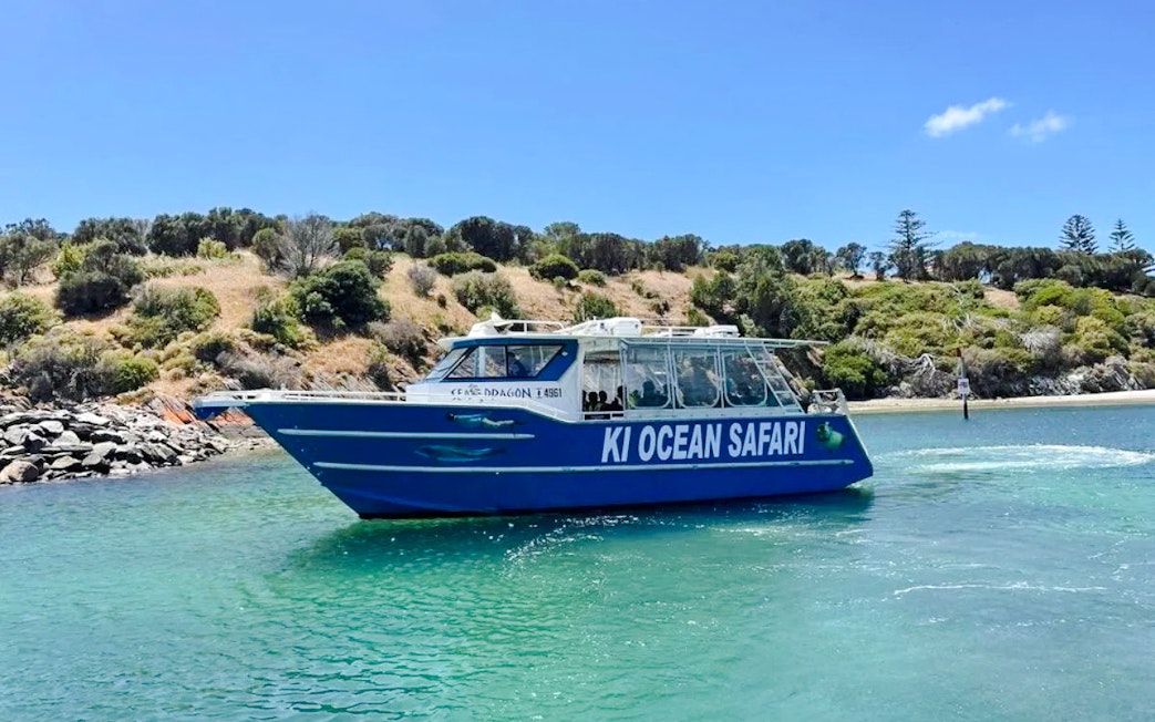 Ocean safari cruise boat near Kangaroo Island shoreline.