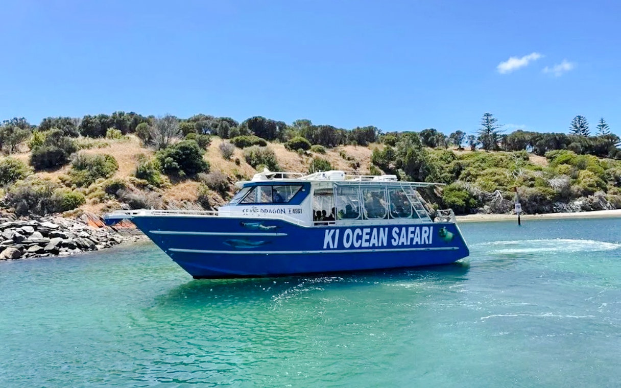 Ocean safari cruise boat near Kangaroo Island shoreline.