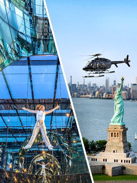 SUMMIT One Vanderbilt mirrored interior and helicopter over Statue of Liberty, NYC skyline.