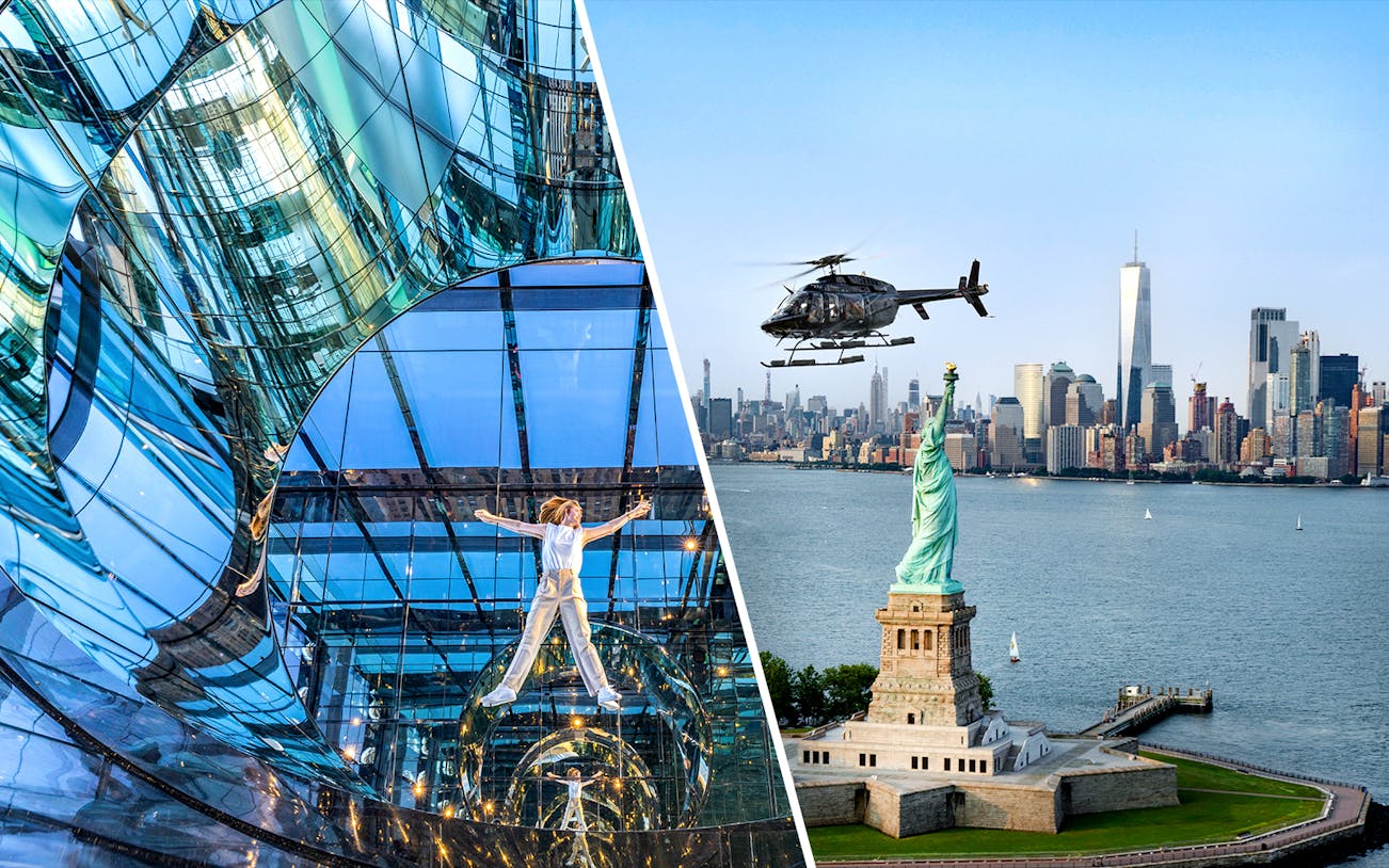 SUMMIT One Vanderbilt mirrored interior and helicopter over Statue of Liberty, NYC skyline.