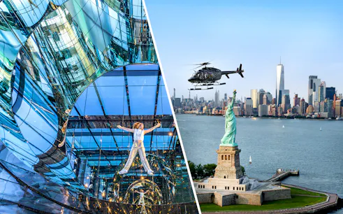 SUMMIT One Vanderbilt mirrored interior and helicopter over Statue of Liberty, NYC skyline.