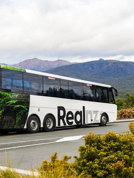 Tour bus for Te Anau Premium Doubtful Sound Cruise in New Zealand's fjords.