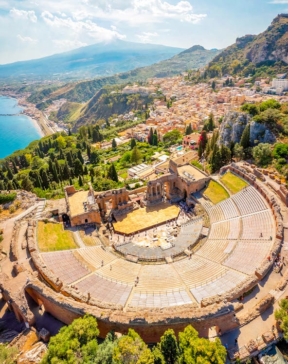 Taormina Ancient Theatre with coastal view, Sicily, Italy.