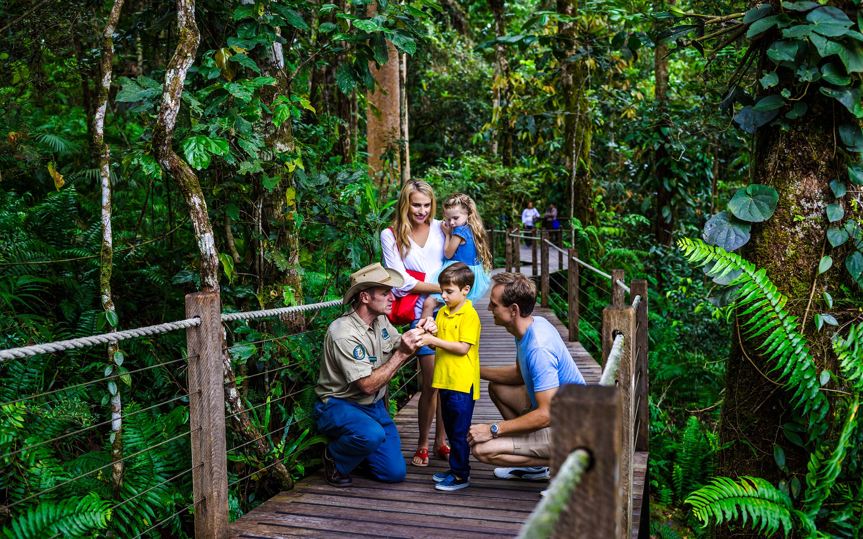 Family exploring rainforest boardwalk on Scenic Train and Skyrail Kuranda Tour.