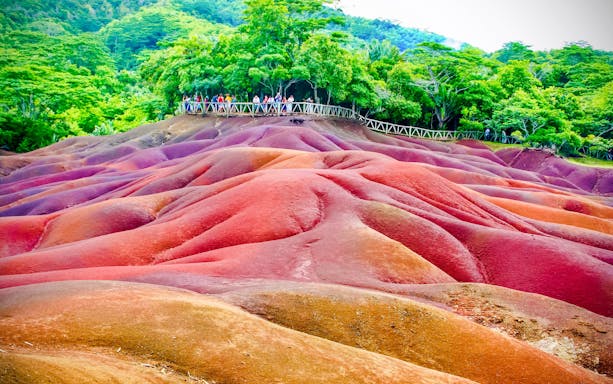 Chamarel 7 Coloured Earth Dunes with tourists on a viewing platform, Mauritius.