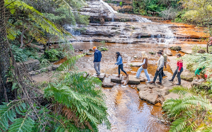 People crossing a stream on stepping stones during Blue Mountains tour.
