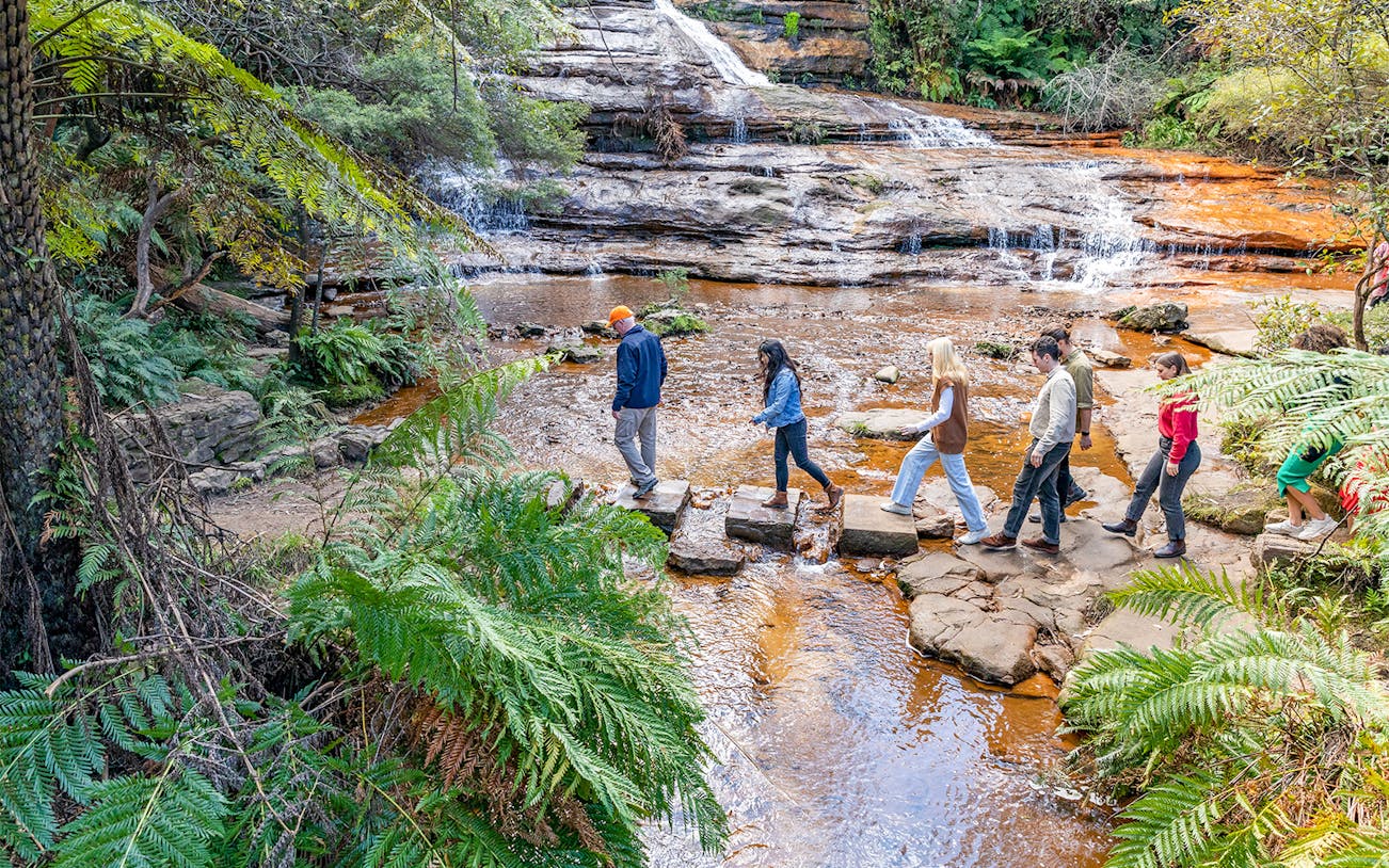 People crossing a stream on stepping stones during Blue Mountains tour.