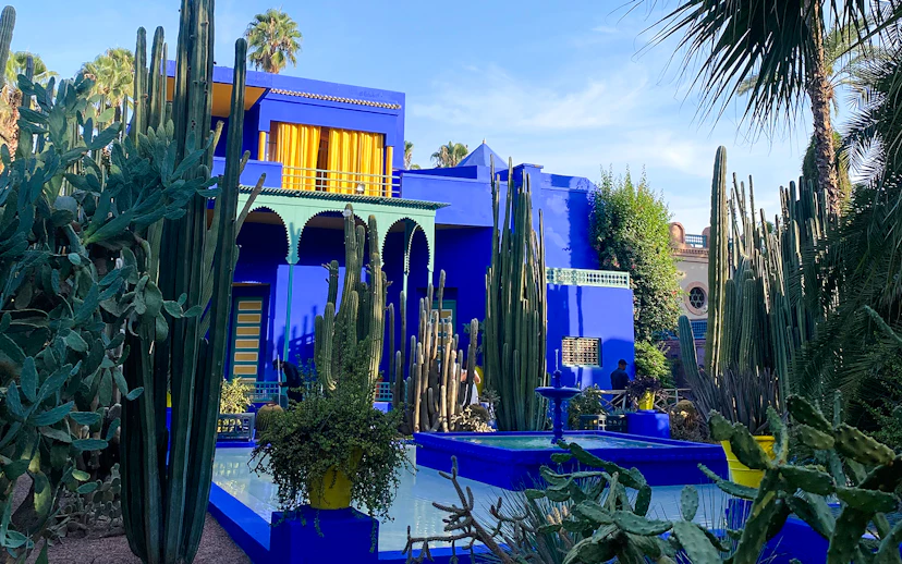 Jardin Majorelle's vibrant blue villa surrounded by tall cacti and lush greenery.
