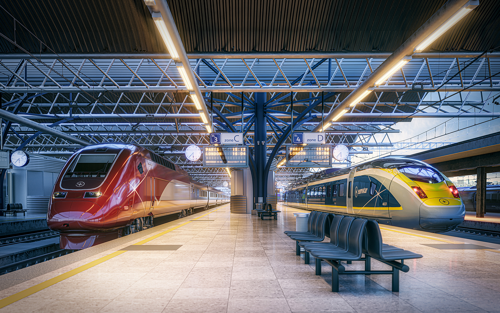 Eurostar trains at station platform, Interrail Germany Mobile Pass.