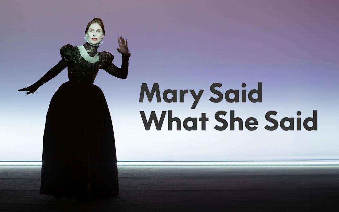 Performer in period costume with "Mary Said What She Said" text.