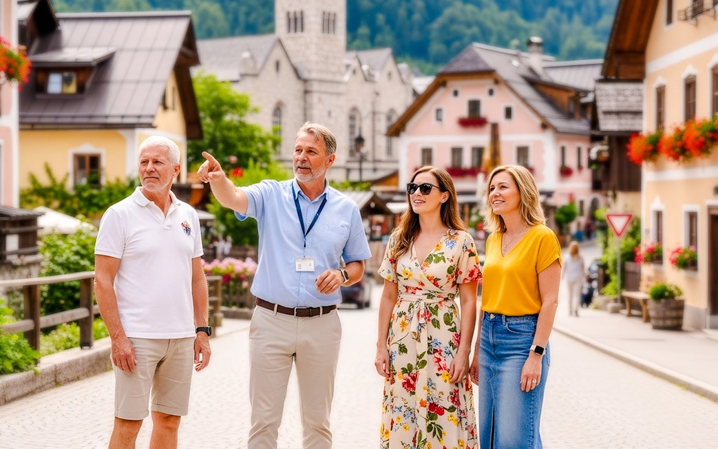 Tour guide leading a group through the streets of Hallstatt.