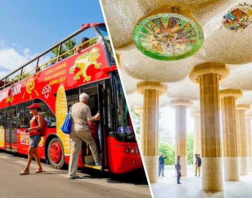 Barcelona Hop-On Hop-Off bus near Park Güell entrance, showcasing tour combo offer.