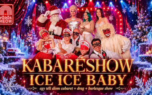 Cabaret performers in festive costumes on stage, Budapest winter show.