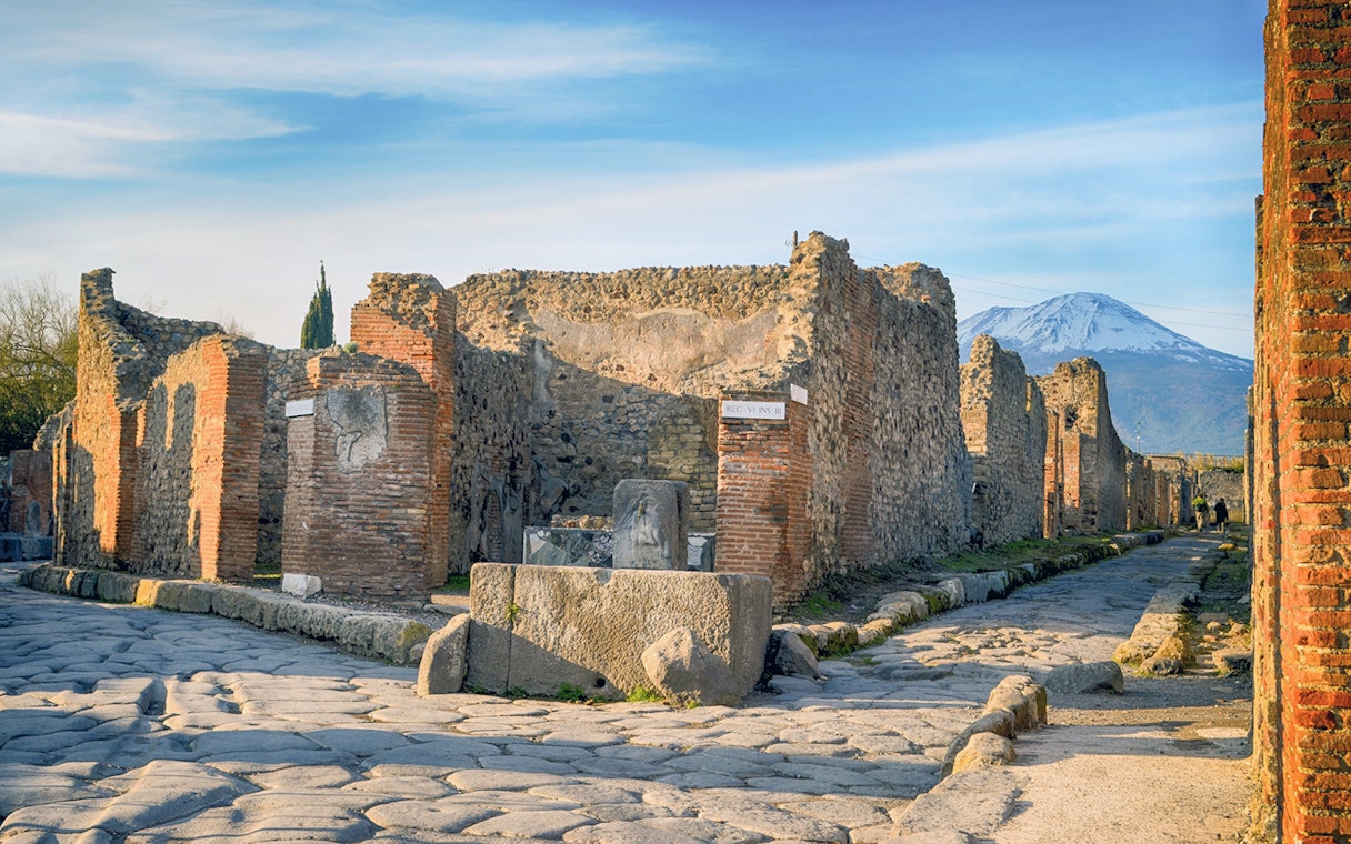 Ancient ruins of Pompeii with Mount Vesuvius in the background, Naples.