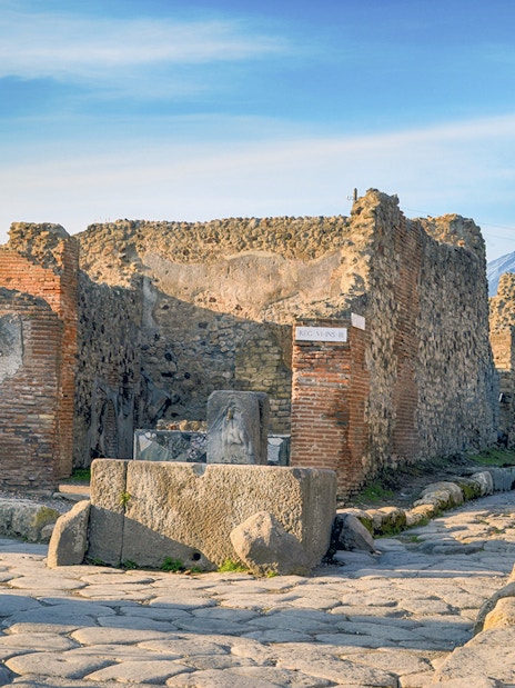 Ancient ruins of Pompeii with Mount Vesuvius in the background, Naples.