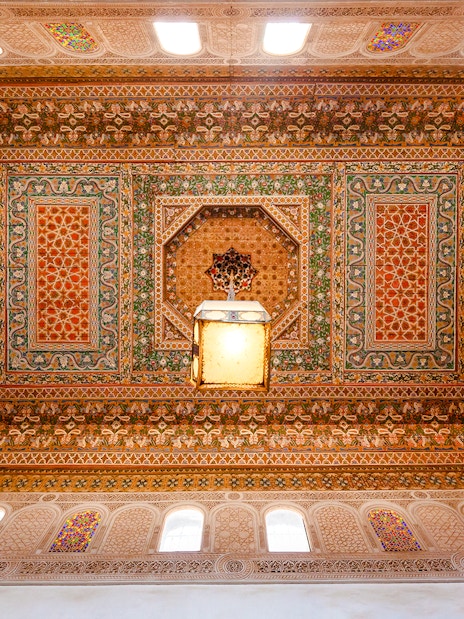 Ornate ceiling design at Bahia Palace in Marrakech, Morocco.