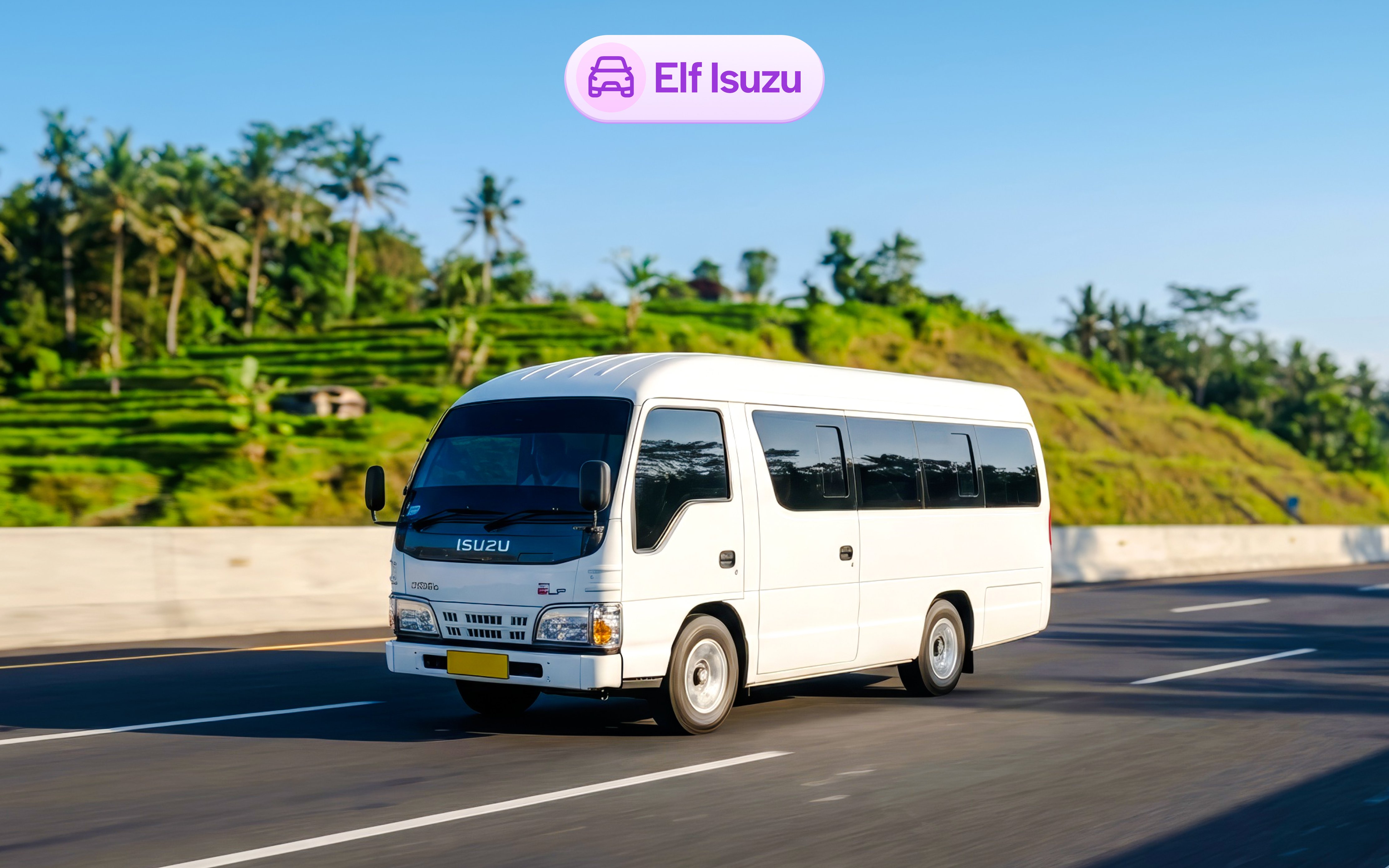 Elf Isuzu rental van driving on a road in Bali with rice terraces in the background.