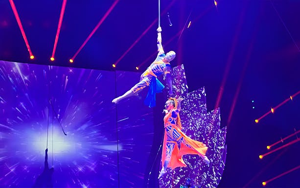 Acrobats performing aerial act at Pluma Show Circus in Dubai by Cirque Du Liban.
