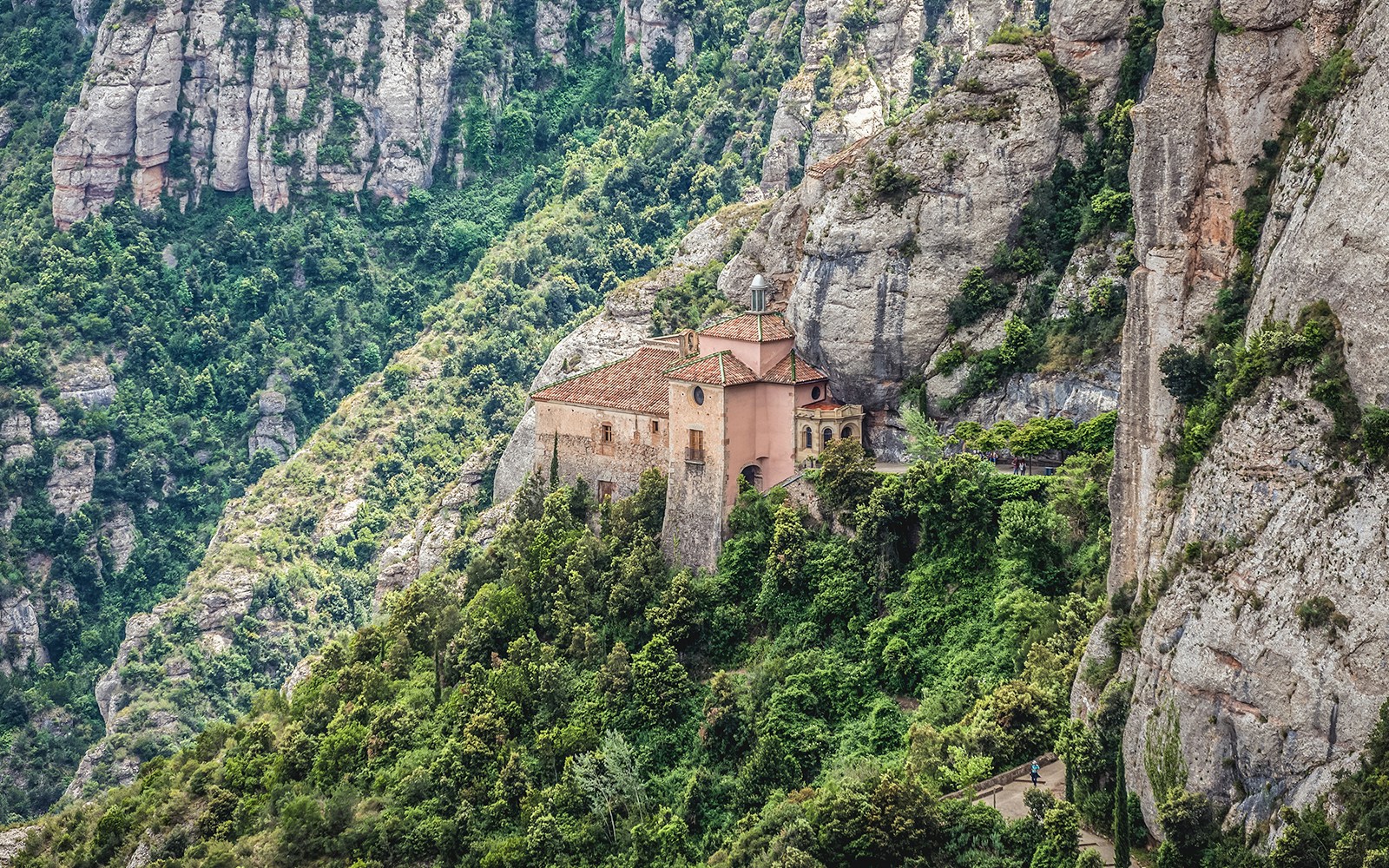 Holy Cave of Montserrat near Santa Maria de Montserrat Abbey in Montserrat mountains, Spain