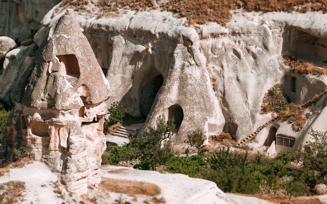 Unique rock formations and cave dwellings in Cappadocia, Turkey.