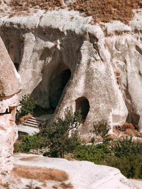 Unique rock formations and cave dwellings in Cappadocia, Turkey.