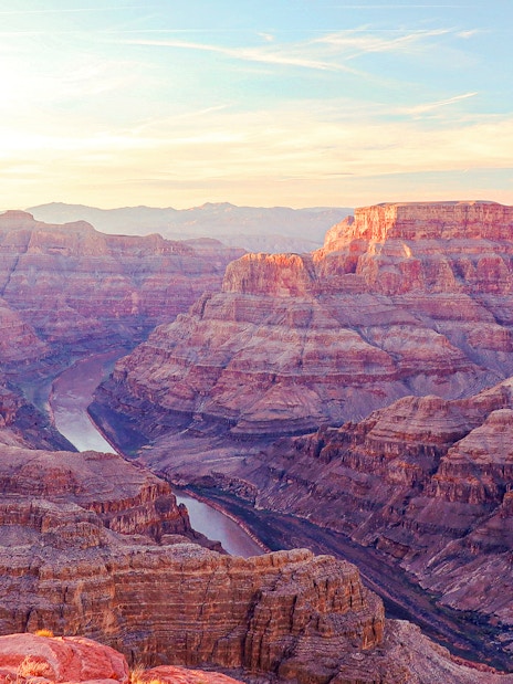 Grand Canyon West Rim view with river, seen from helicopter tour.