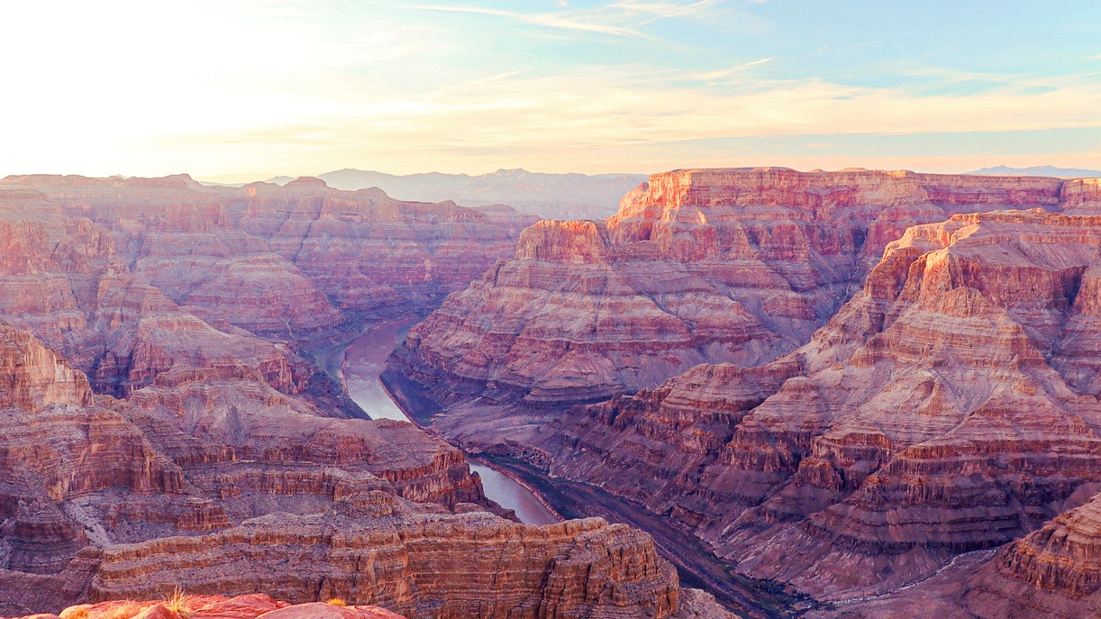 Grand Canyon West Rim view with river, seen from helicopter tour.