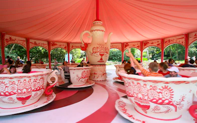 Tourists on Santa's Kitchen teacup ride at Bellewaerde Park.