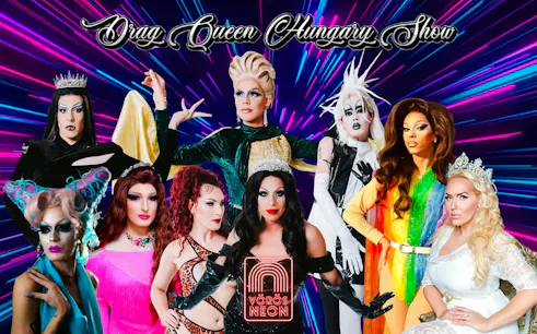 Drag performers in vibrant costumes at Drag Queen Hungary Show.