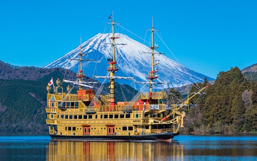 Pirate ship on Lake Ashi with Mount Fuji in the background, Japan.