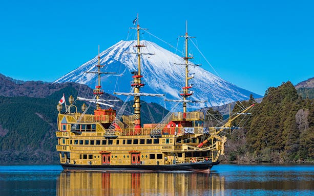 Pirate ship on Lake Ashi with Mount Fuji in the background, Japan.