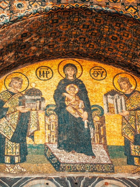 Mosaic of Virgin Mary and emperors in Hagia Sophia, Istanbul.