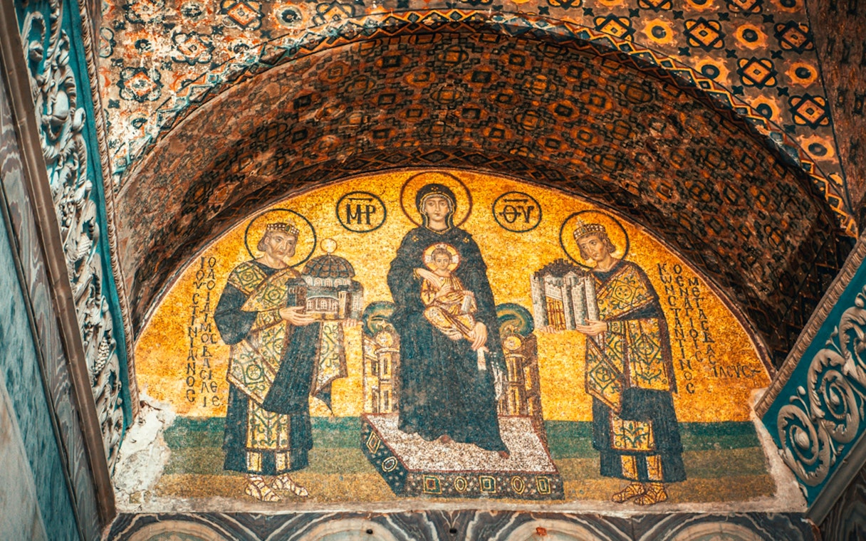 Mosaic of Virgin Mary and emperors in Hagia Sophia, Istanbul.