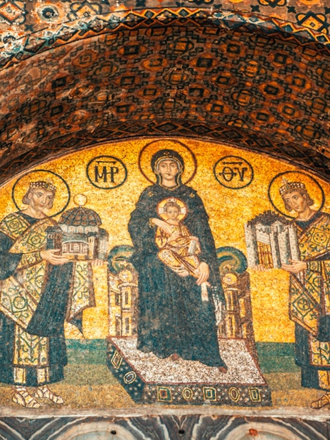 Mosaic of Virgin Mary and emperors in Hagia Sophia, Istanbul.