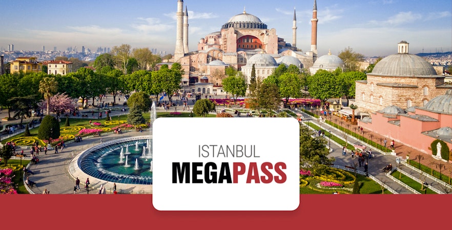 Hagia Sophia and gardens in Istanbul, view from above, part of Istanbul MegaPass attractions.