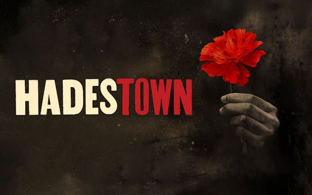 Hand holding red flower next to Hadestown musical title