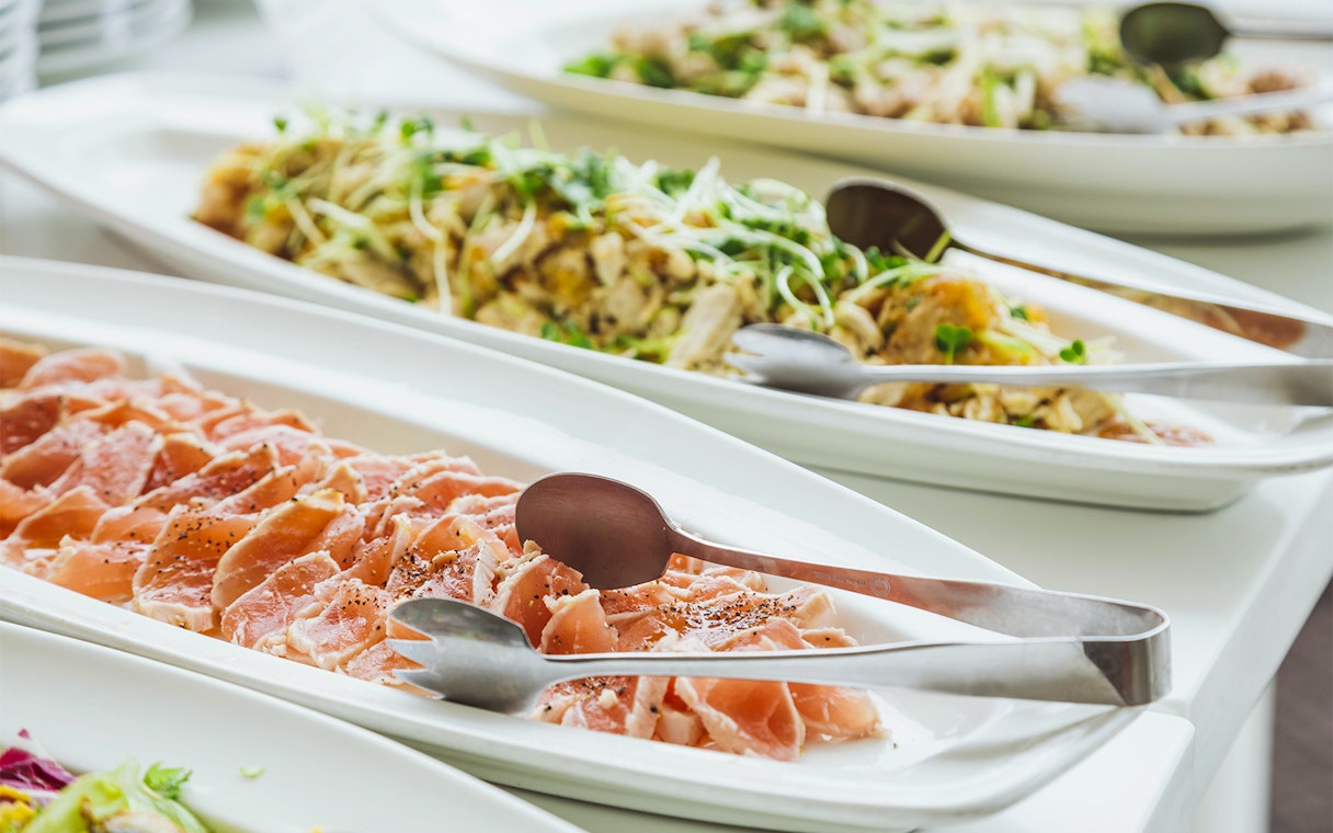 Buffet lunch with sliced meats and salads at Hokkaido.