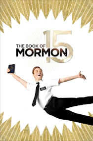 The Book of Mormon Broadway poster with a joyful character holding a book.