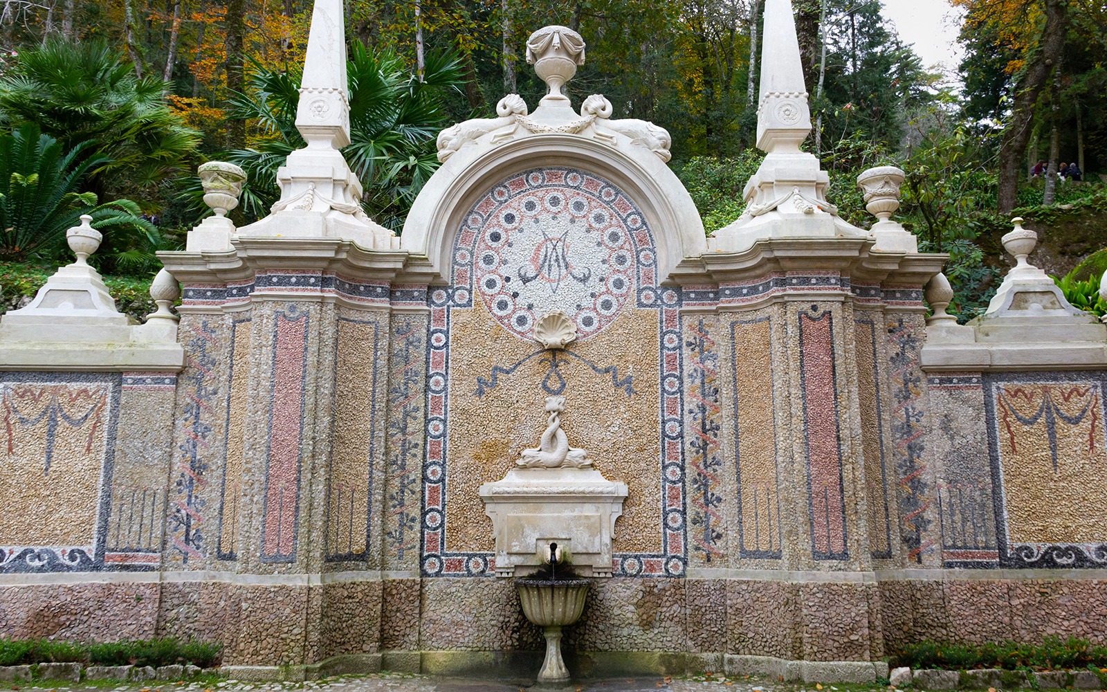 Quinta da Regaleira Fountain of Abundance, ornate stonework, Sintra, Portugal.