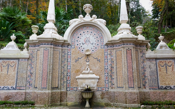 Quinta da Regaleira Fountain of Abundance, ornate stonework, Sintra, Portugal.