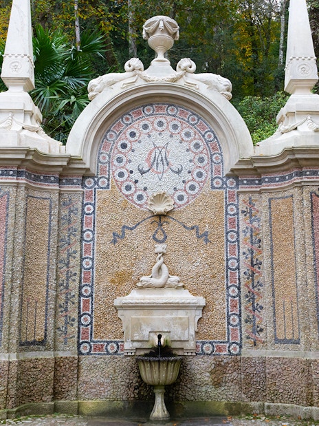 Quinta da Regaleira Fountain of Abundance, ornate stonework, Sintra, Portugal.
