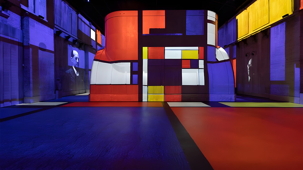 Mondriaan-inspired light installation at Fabrique des Lumières, featuring geometric patterns.