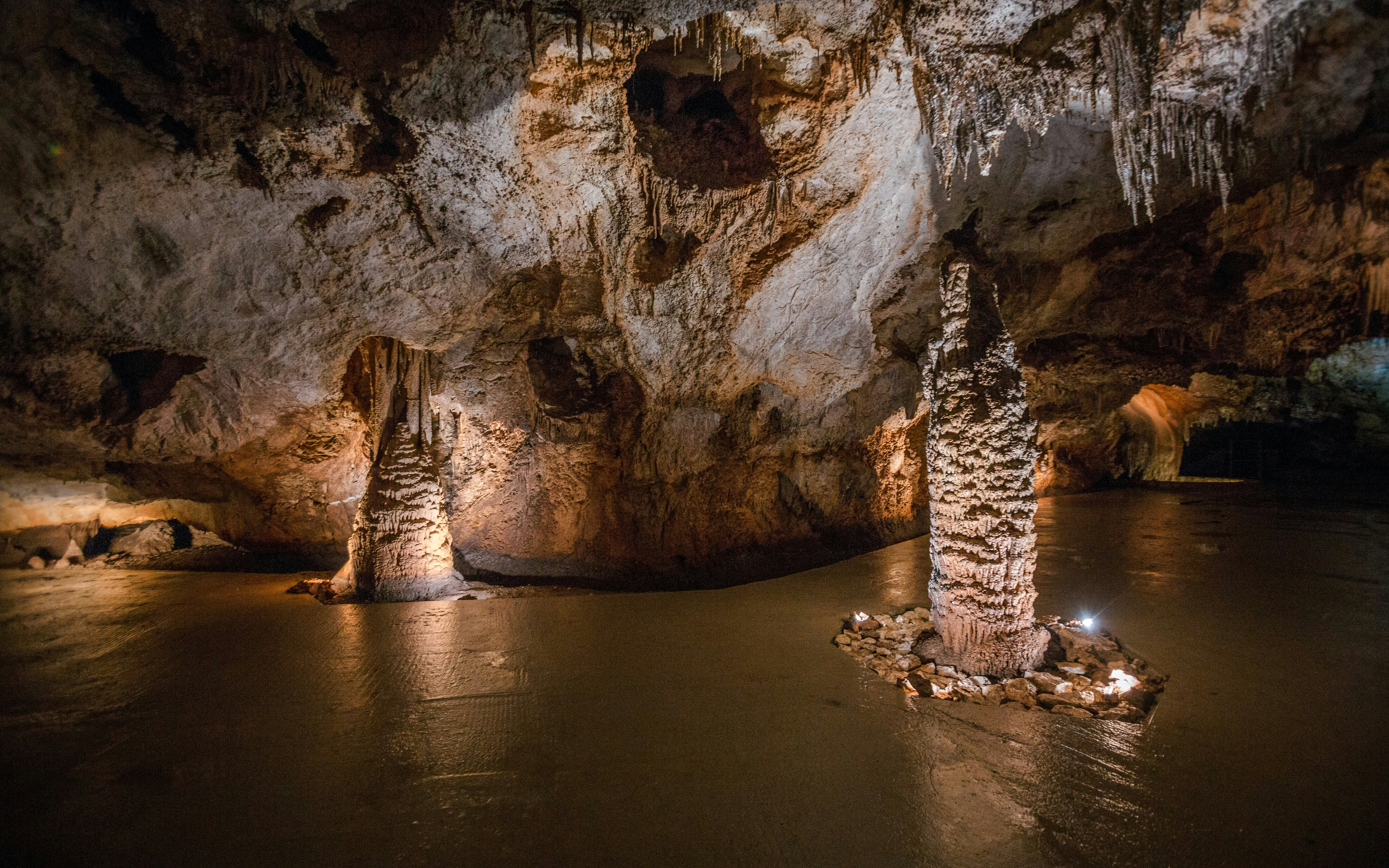 Stalactites and stalagmites inside Lipa Cave, Montenegro.
