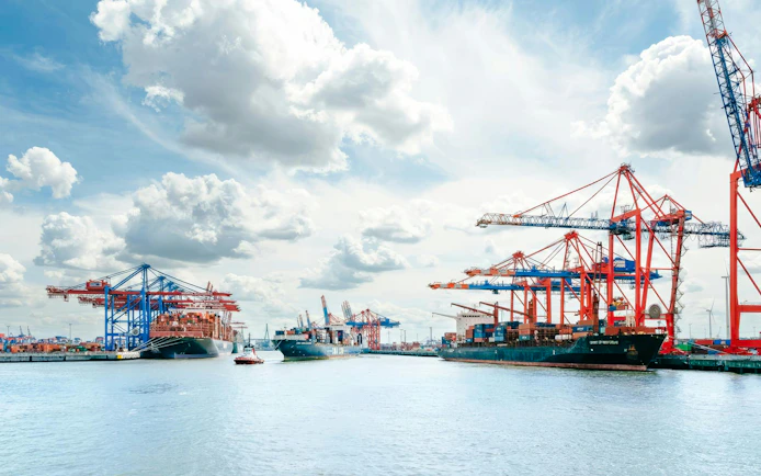 Harbor cranes and cargo ships at Hafen during 1-Hour Harbor Sightseeing Cruise.