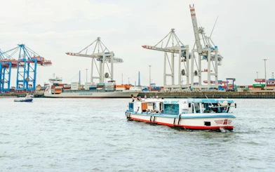 Cruise boat on Hamburg port with cranes and container ship in background.