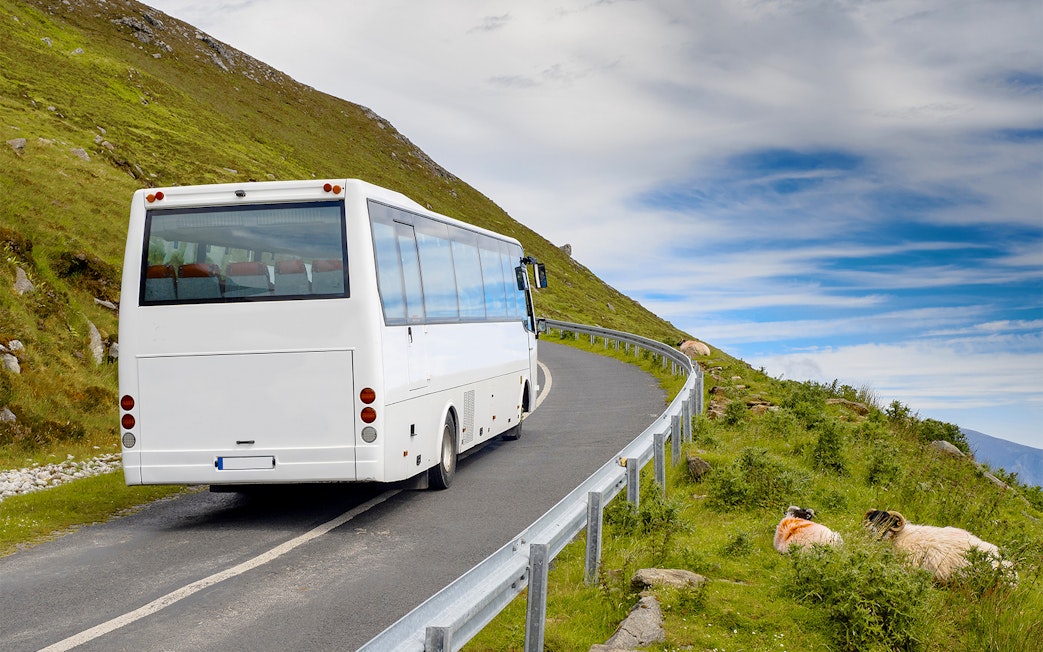 Airconditioned coach on winding road through lush Irish countryside.