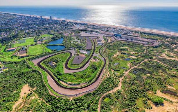Aerial view of Zandvoort Circuit by the sea, location for Dutch F1 GP, August 2023.